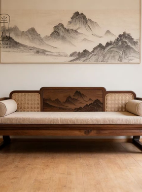 新中式实木直排罗汉榻家用客厅布艺罗汉床北美黑胡桃躺椅高端定制