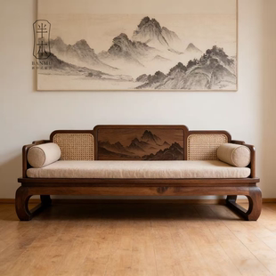 新中式实木直排罗汉榻家用客厅布艺罗汉床北美黑胡桃躺椅高端定制