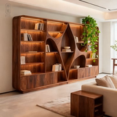 新中式 北美黑胡桃木简约定制实木书柜书架一体靠墙客厅置物大书橱