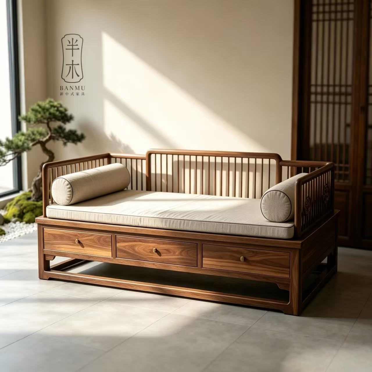 中古风雕花罗汉床黑胡桃木收纳带抽屉直排储物客厅沙发定制家具