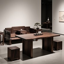 新中式黑胡桃罗汉床茶桌椅组合仿古雕花实木家用茶桌办公室泡茶台