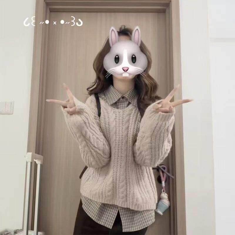 韩系甜美复古宽松麻花针织套头毛衣女学生秋季+格纹衬衫两件套装