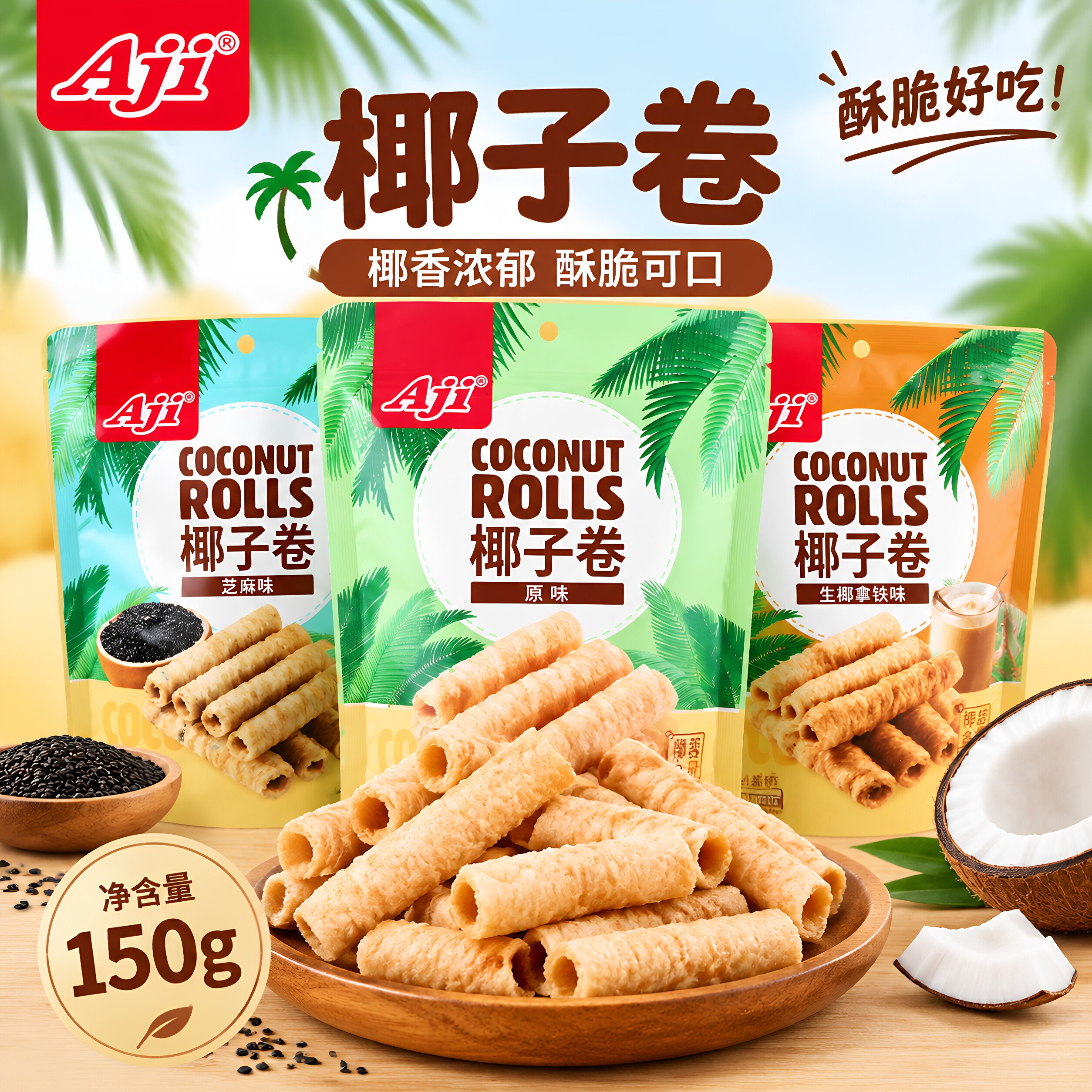 Aji椰子卷酥脆椰蓉椰浆饼干卷150g袋原味蛋卷宿舍办公室休闲零食