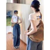 短款 爆款 洋气独特别致甜辣小上衣女 t恤女2024新款 奶黄色正肩短袖