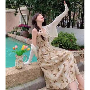 YC温柔风法式甜美连衣裙设计感水墨扎染蝴蝶结碎花中长连衣裙