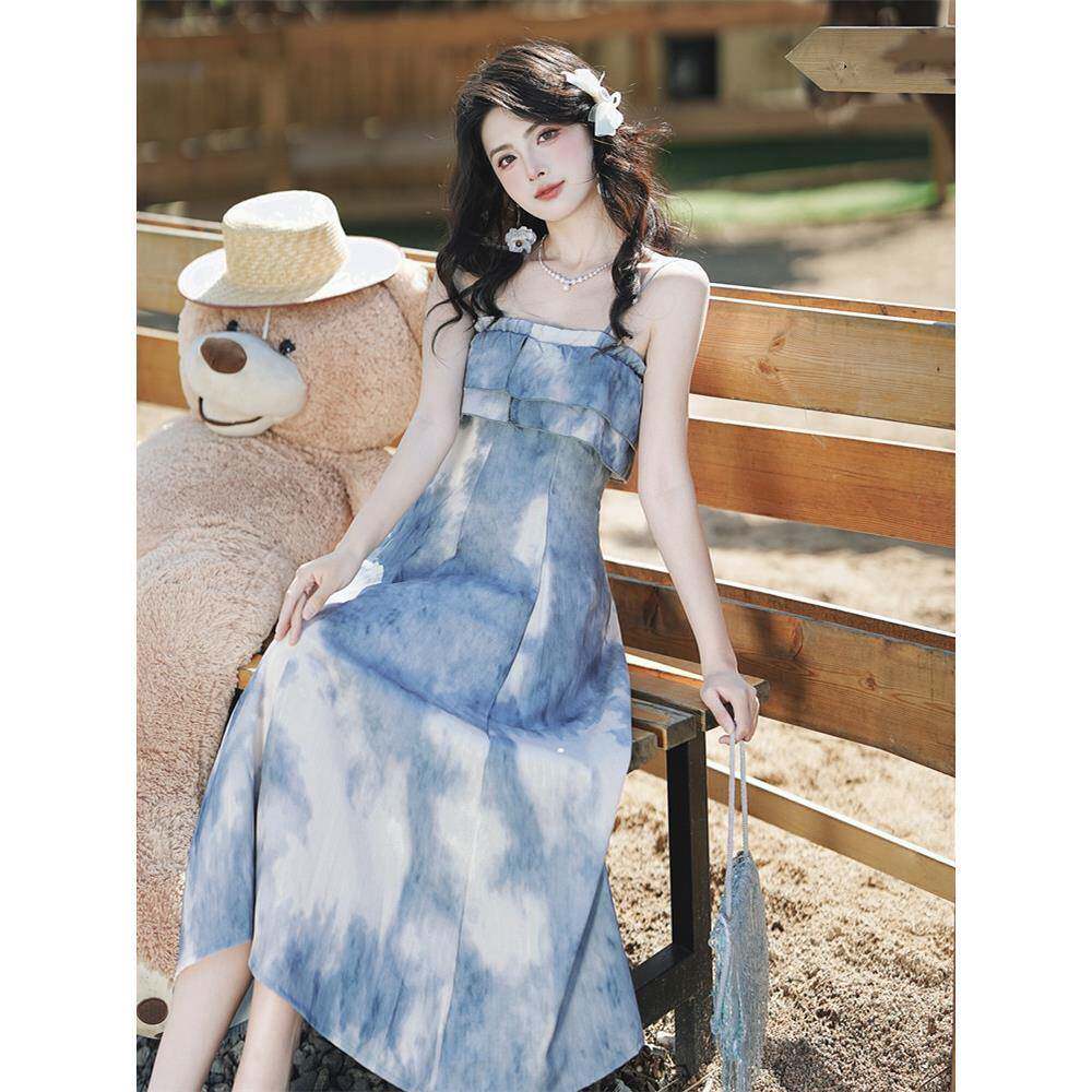 法式初恋清纯奶甜裙子女夏季设计小众水墨晕染吊带连衣裙外搭开衫
