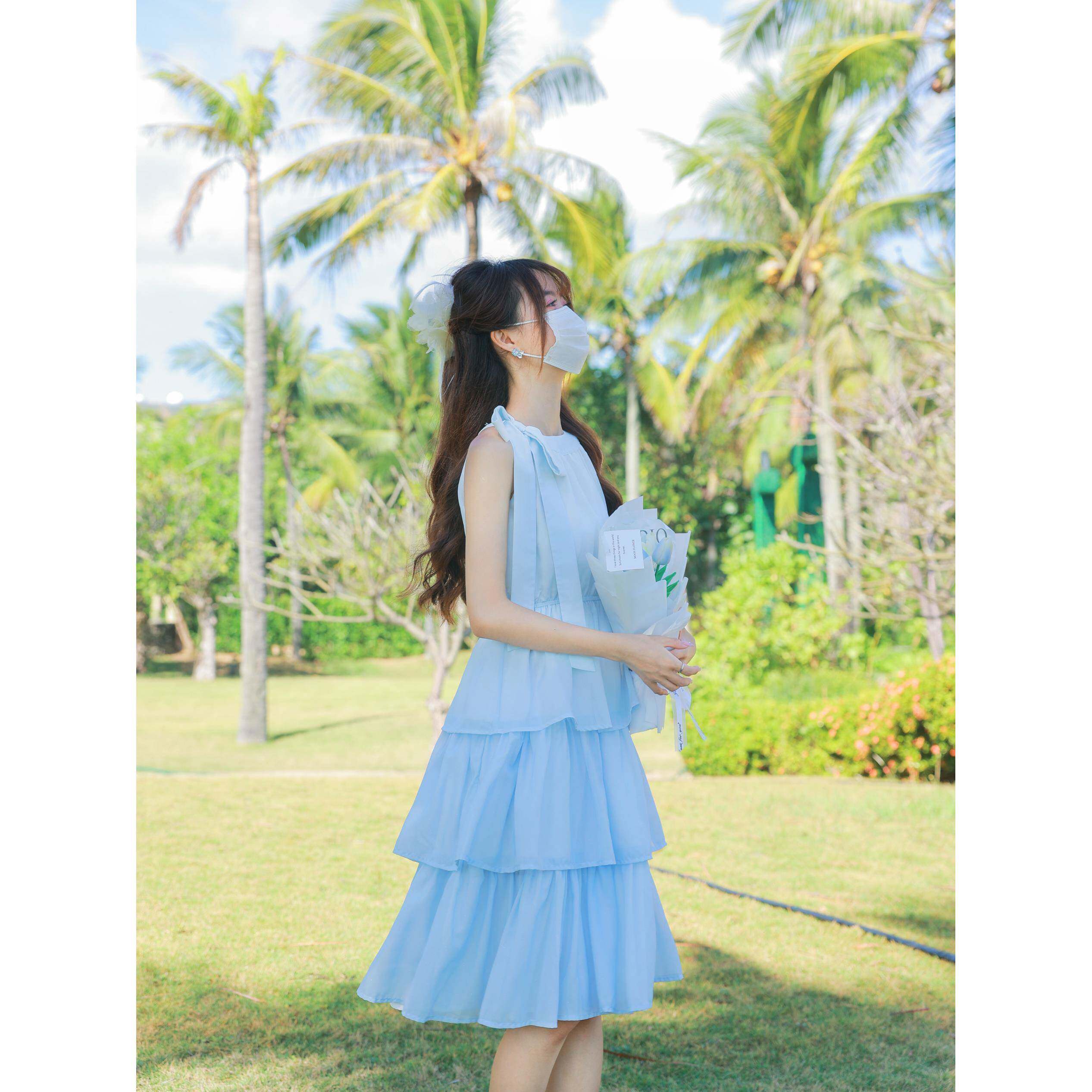 花崎鹿法式温柔系甜美减龄初恋裙女绝美女神范蓝色连衣裙银河潮汐