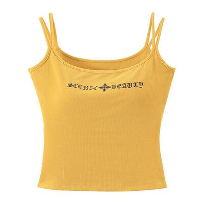愉悦愉悦字母印花黄色吊带背心女夏季性感收腰热辣短款带胸垫上衣