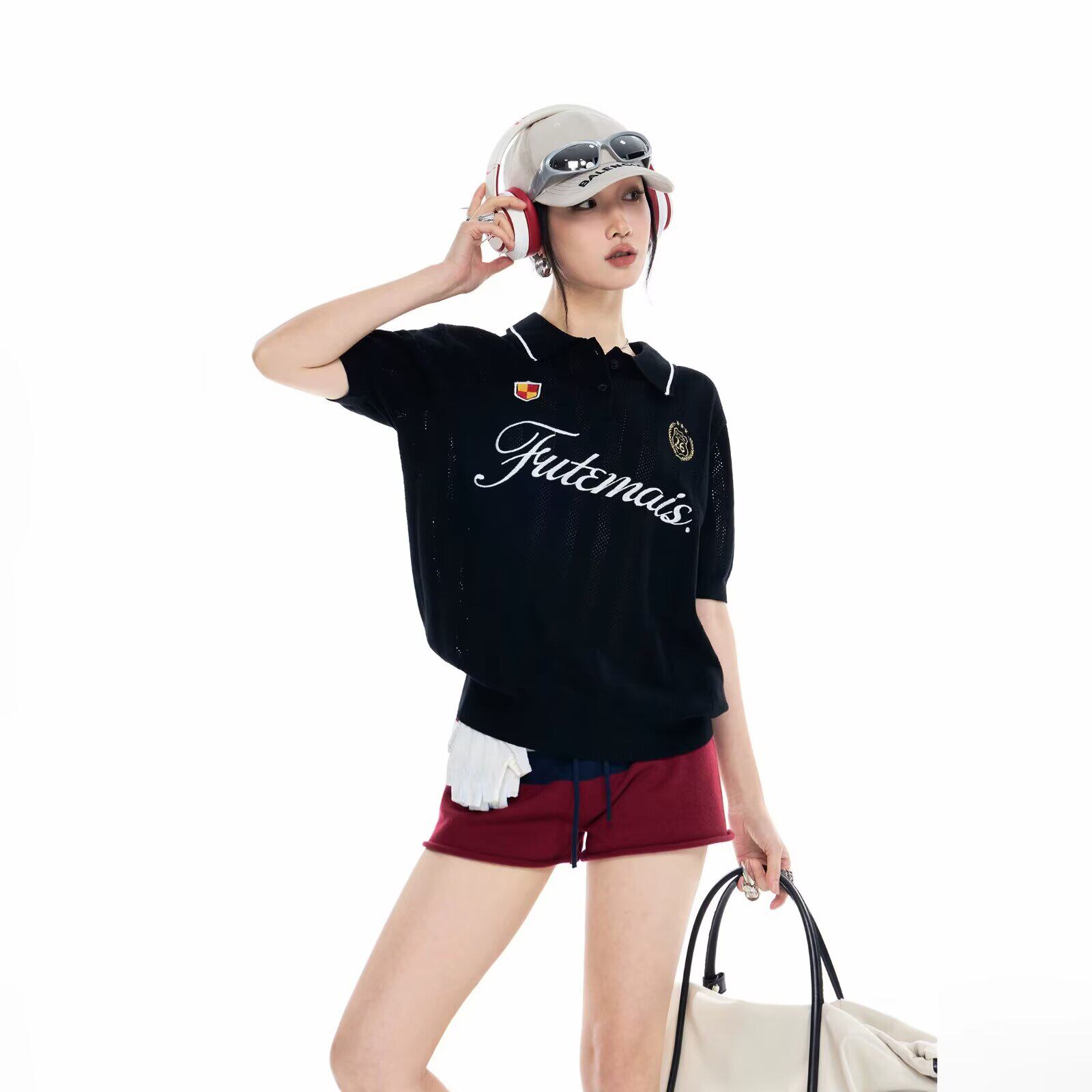 ICHMODE 字母印花短袖T恤女夏季新款镂空运动球衣Polo衫上衣图片