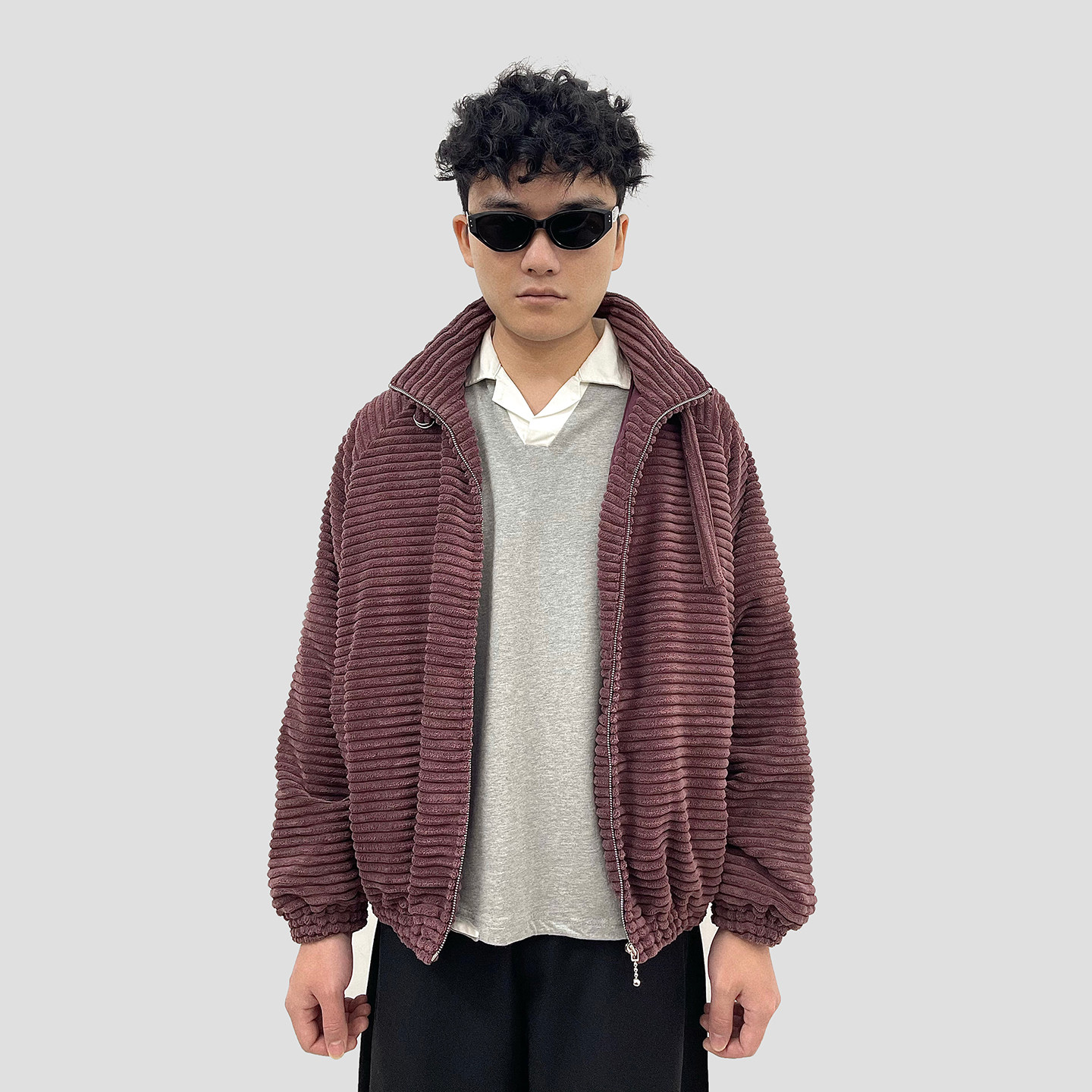 DiSi 慵懒风酒红色绑带立领灯芯绒外套男女美式复古休闲保暖夹克