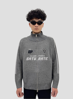 DiSi美式徽章立领双拉链开衫毛衣外套男女秋冬季复古杠条情侣上衣