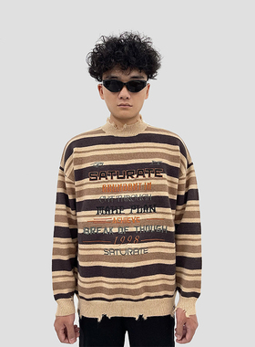 DiSi美拉德破洞磨毛条纹毛衣男女秋冬宽松圆领套头刺绣情侣针织衫