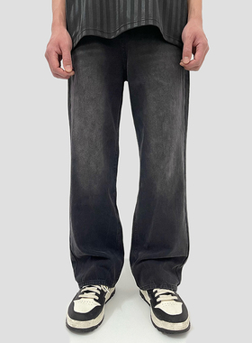 DiSi 13.5盎司美式水洗黑牛Baggy牛仔裤男Cleanfit阔腿直筒裤子