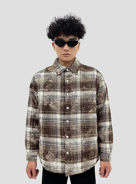 DiSi 美拉德咖色翻领格子外套男女美式复古加棉宽松情侣棉服冬季