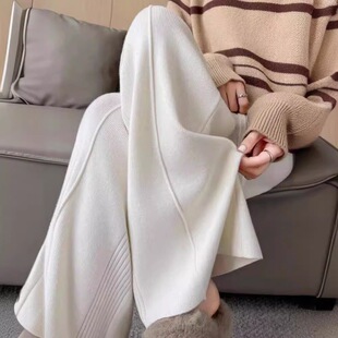 KANING松紧腰针织阔腿裤女2025秋季新款高腰设计感纯色针织毛线裤