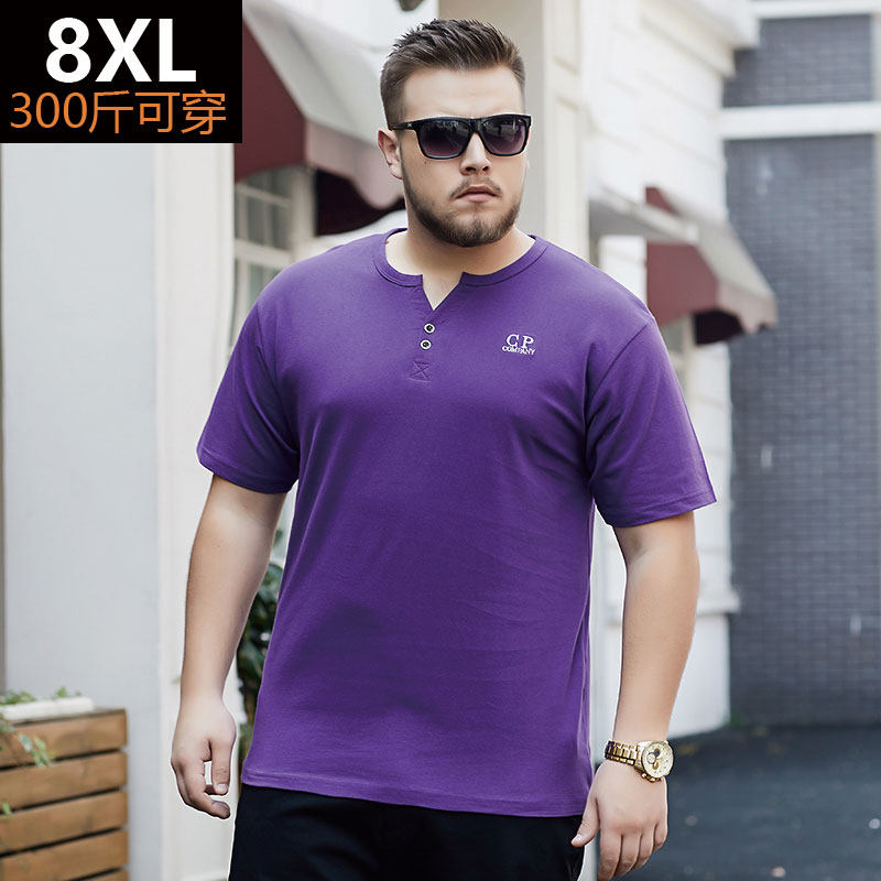 肥佬加肥大码宽松2023新款休闲简约胖子潮流时尚v领紫色短袖T恤男,男装,T恤,淘宝优惠券,粉丝福利购,淘宝优惠卷