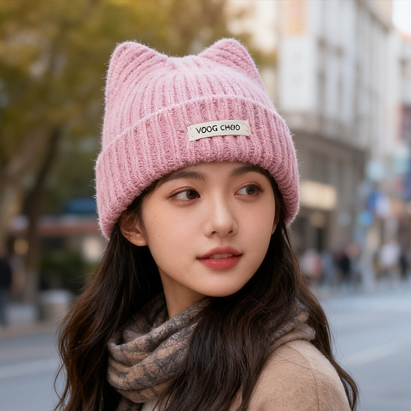 韩系简约针织帽子女秋冬百搭加厚毛线帽猫耳朵保暖护耳帽包头