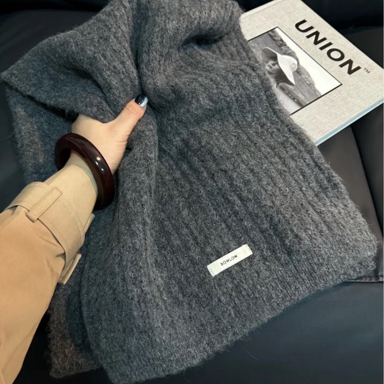 高级灰羊毛混纺围巾女冬季百搭加厚软糯针织围脖情侣围巾跨境批发