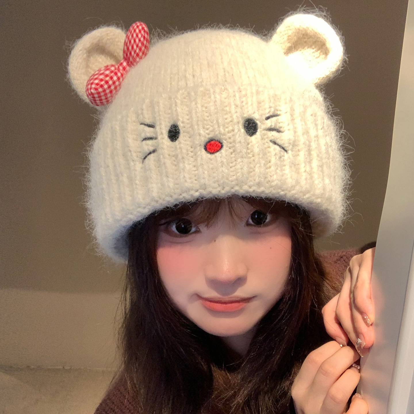 可爱猫咪针织毛线帽女秋冬保暖防寒百搭大头围显脸小护耳包头帽子