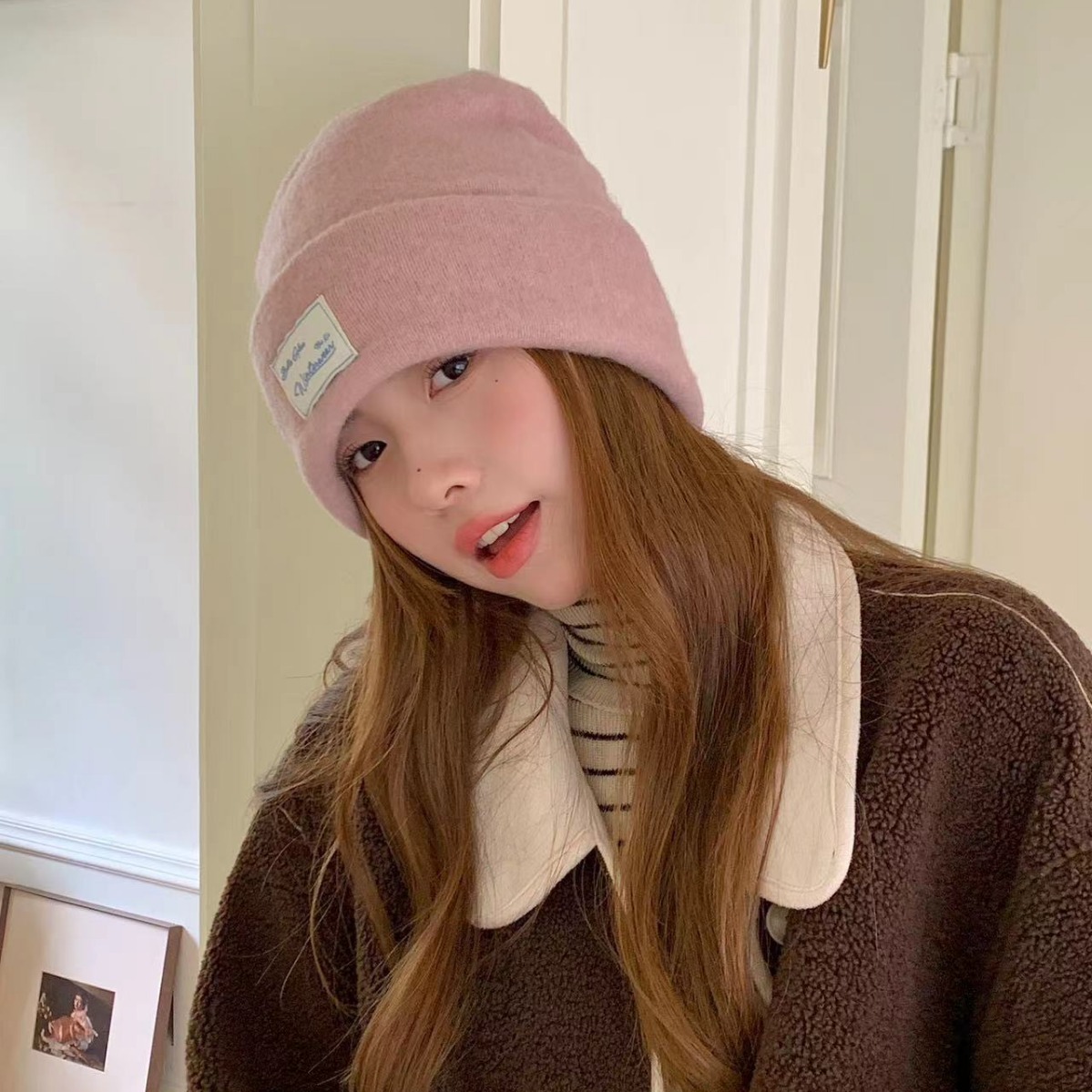 贴标简约小字母针织毛线帽子韩版秋冬女时尚百搭黑色保暖日系潮流
