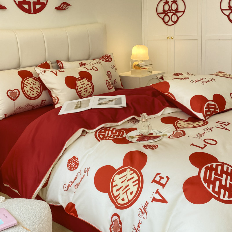 SIMPLE WEDDING PREPARATION FOUR-PIECE SET OF RED DIGITAL PRINTING QUILT COVER AND FITTED SHEET HIGH-END WEDDING ROOM WEDDING BEDDING