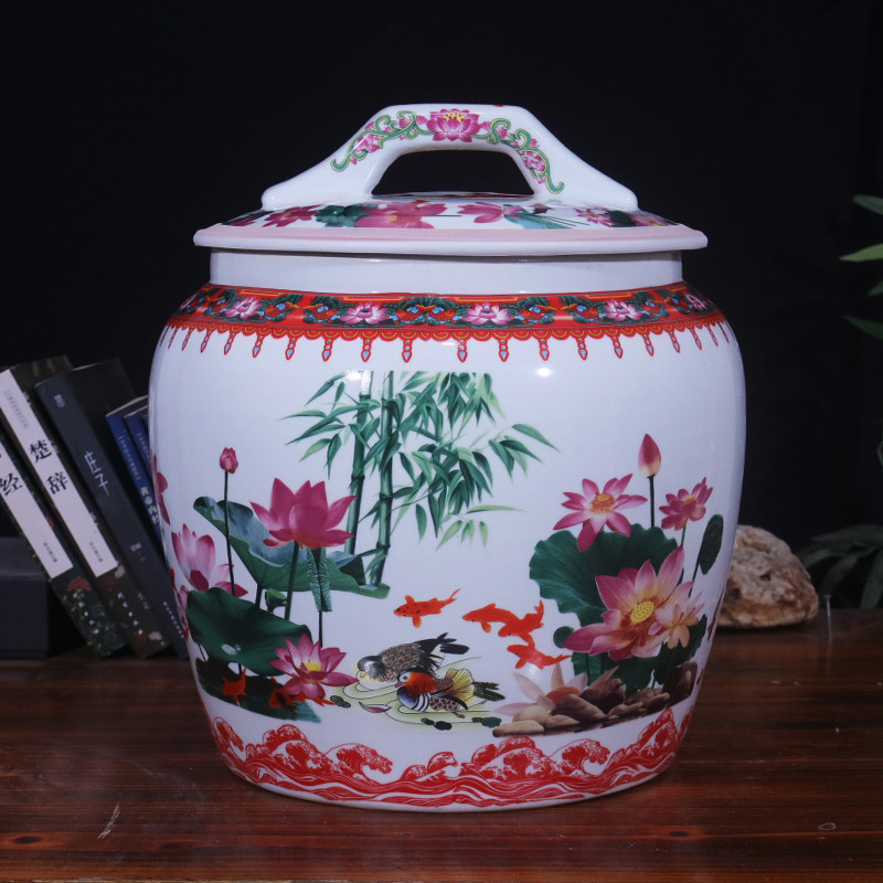 景德镇带盖家用陶瓷米缸荷花鱼储米桶大号米箱20/30斤油缸面粉缸