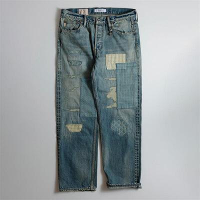 FDMTL做旧不规则贴布牛仔裤