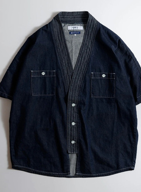 FDMTL 藏蓝色双口袋纽扣道袍短袖 DENIM HAORI S/S SHIRT RINSE