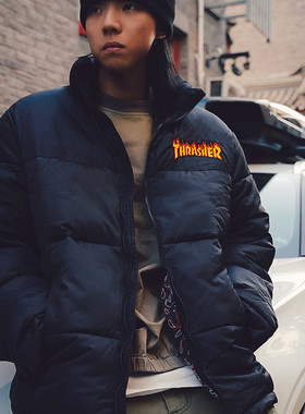 THRASHER立领刺绣棉服夹克 经典火焰LOGO保暖滑板外套 王一博同款