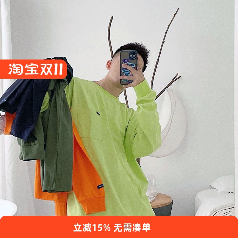 RADIUM 日系潮牌宽松纯色口袋重磅圆领长袖T恤男情侣基础款打底衫