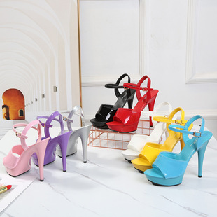 防水台走秀女鞋 13cm超高跟凉鞋 性感模特一字带细跟凉鞋 钢管舞时尚