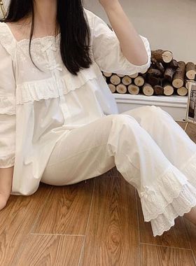 100%纯棉睡衣女春秋冬季七分袖甜美可爱白色公主风学生薄款家居服