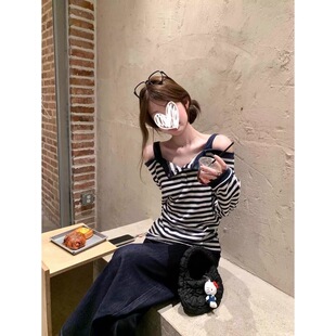 cici酱纯欲一字肩韩系温柔风长袖t恤女INS超火早春chic显瘦上衣