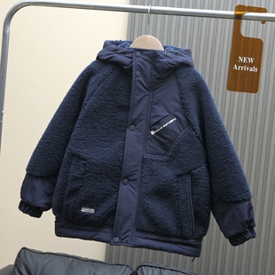 男童冬季加厚麦穗绒连帽外套夹棉秋冬大童装2025新款儿童毛绒棉服