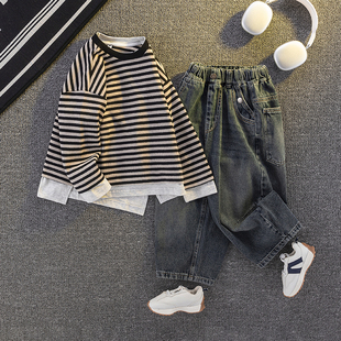 13儿童装11男童春装中童套装7春季大童男装12 15岁条纹卫衣10男孩