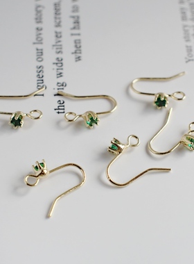 14K包金镀金保色镶嵌绿色小锆石耳钩自制diy手工耳环耳饰材料配件