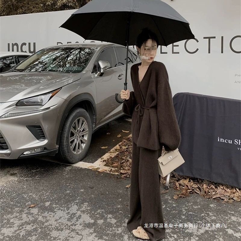 慵懒风套装秋冬小个子感轻熟气质女神范针织阔腿裤两件套毛衣