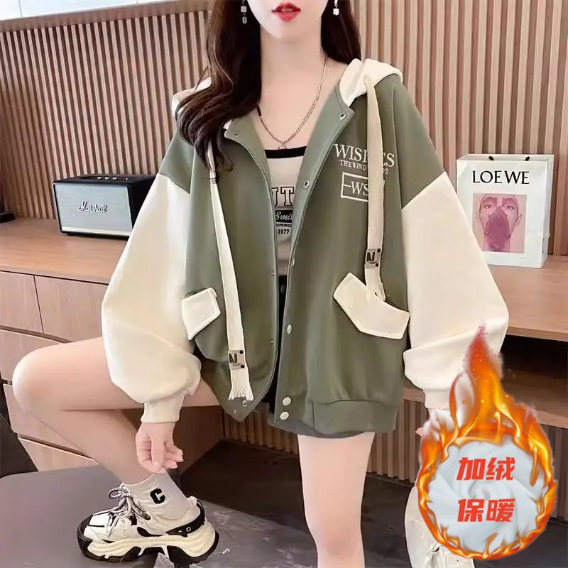 中大儿童休闲连帽棒球加绒上衣女