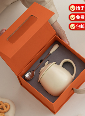 马卡龙陶瓷办公杯纯白哑光马克杯水杯釉下彩色釉杯带盖勺定制LOGO