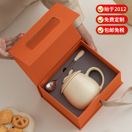 马卡龙陶瓷办公杯纯白哑光马克杯水杯釉下彩色釉杯带盖勺定制LOGO