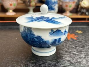 日瓷名家畑萬作青花手绘山水主人盖杯。