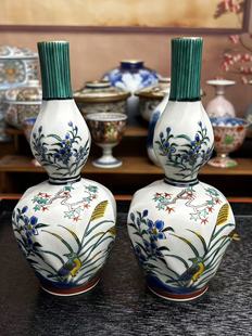 日瓷名家九谷晓堂手绘葫芦花瓶、酒器。带原供箱。