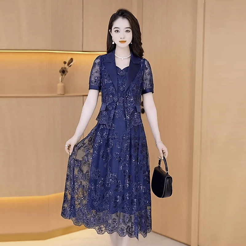 高端精致连衣裙女夏装2023新款气质中年妈妈收腰优雅西装领两件套