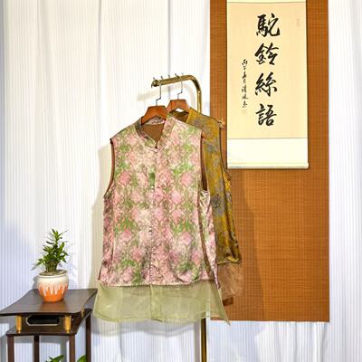 【桃绿-坎肩小衫】8368新中式国风 香云纱 花萝 坎肩长款无袖小衫