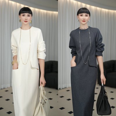 超好看高级感冬季纯色毛呢连衣裙