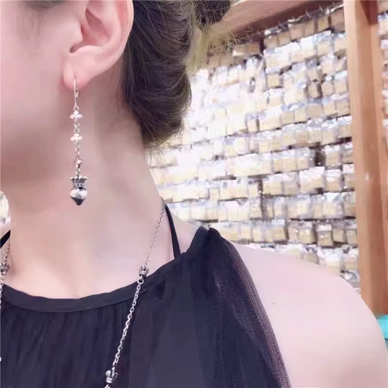 牌克罗女CH925纯银耳线复古爱心皇冠耳钉耳环长款流苏耳坠耳饰