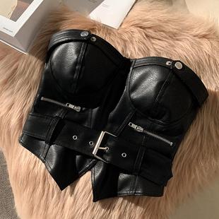 裹胸上衣 欧美辣妹抹胸外穿性感甜酷蹦迪皮吊带背心女内搭黑色夏季