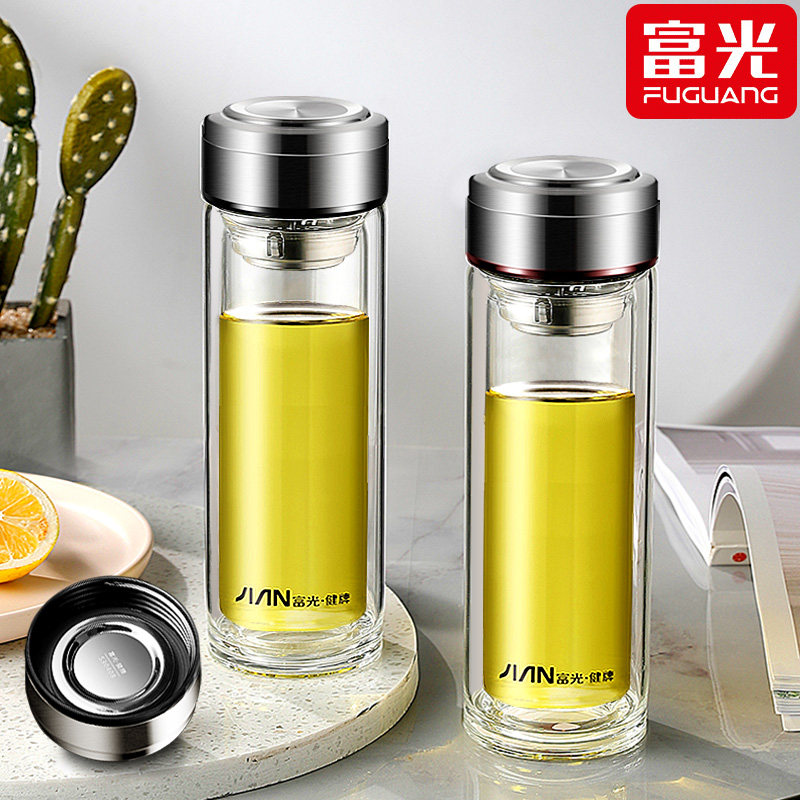 富光双层不锈钢杯盖玻璃水杯男女士加厚耐热商务车载泡茶杯子刻字