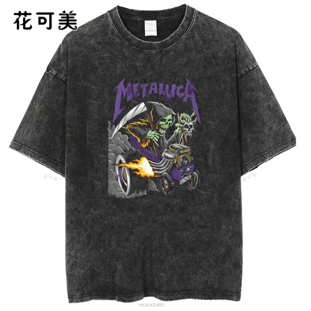 复古做旧骷髅头宽松印花男T恤