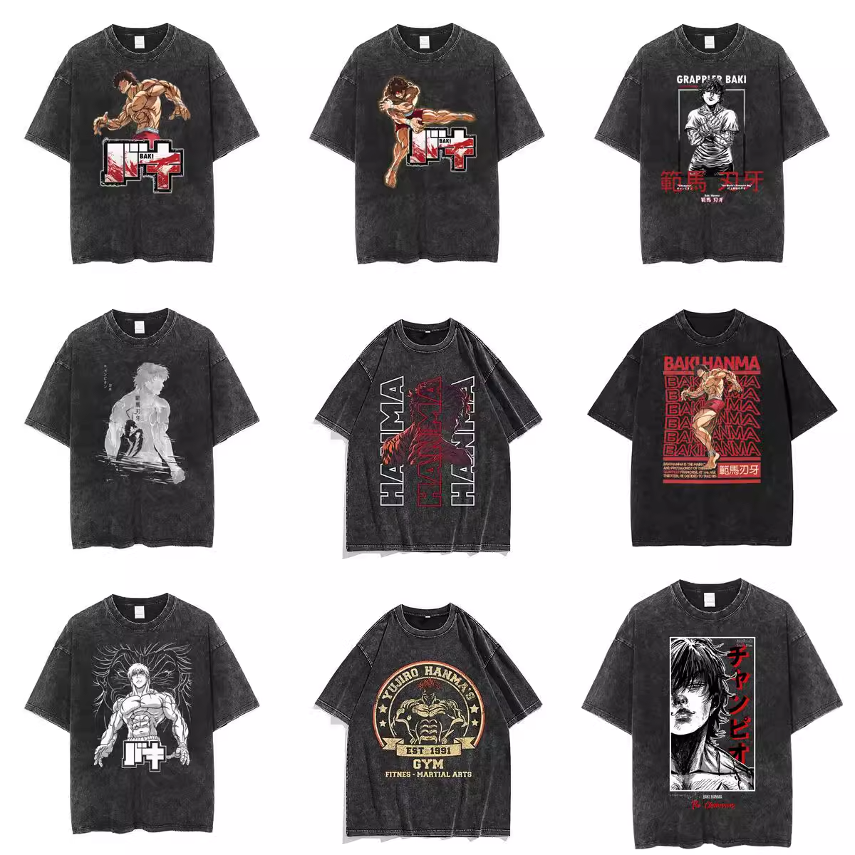 Baki Hanma潮牌高街嘻哈宽松情侣 美式复古水洗做旧短袖t恤纯棉男
